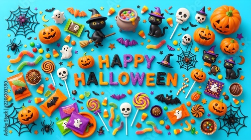 A vibrant colorful halloween assortment of candy toys and decorations spells out happy halloween