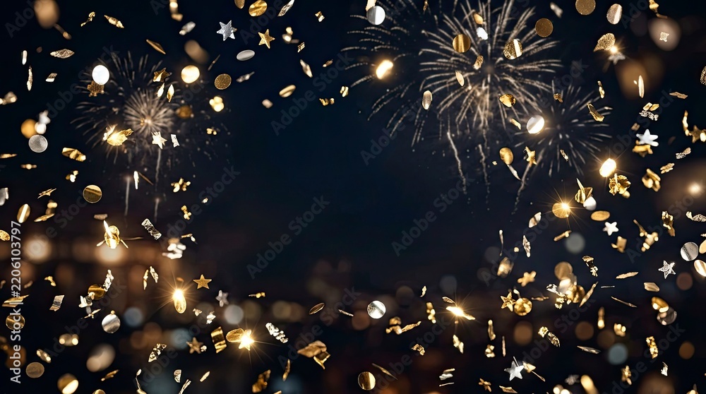 Fototapeta premium Golden and Silver Confetti Falling with Fireworks and Bokeh Lights on Dark Background for Celebration