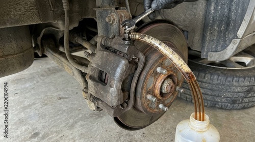 Rusty brake caliper being cleaned with solvent under vehicle