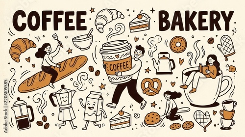 Creative Coffee and Bakery Doodle Art Collection Featuring People, Pastries, and Cafe Elements