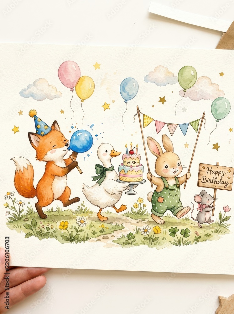 Fototapeta premium Cute Watercolor Animal Birthday Parade Illustration with Fox Rabbit Duck and Mouse Celebrating with Cake and Balloons