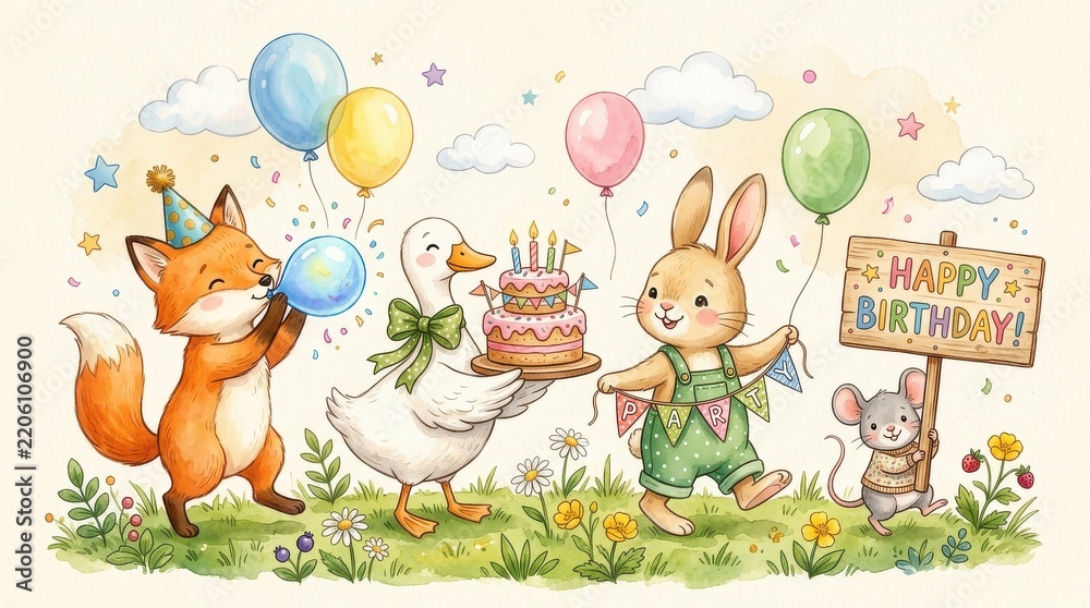 Obraz premium Cute Watercolor Animal Birthday Party Illustration with Fox, Goose, Rabbit, and Mouse Celebrating with Cake and Balloons