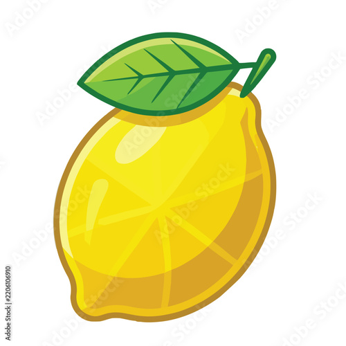 Vibrant yellow lemon vector illustration with a fresh green leaf, isolated on a white background, suitable for food icons, healthy lifestyle graphics, and organic citrus fruit design elements.