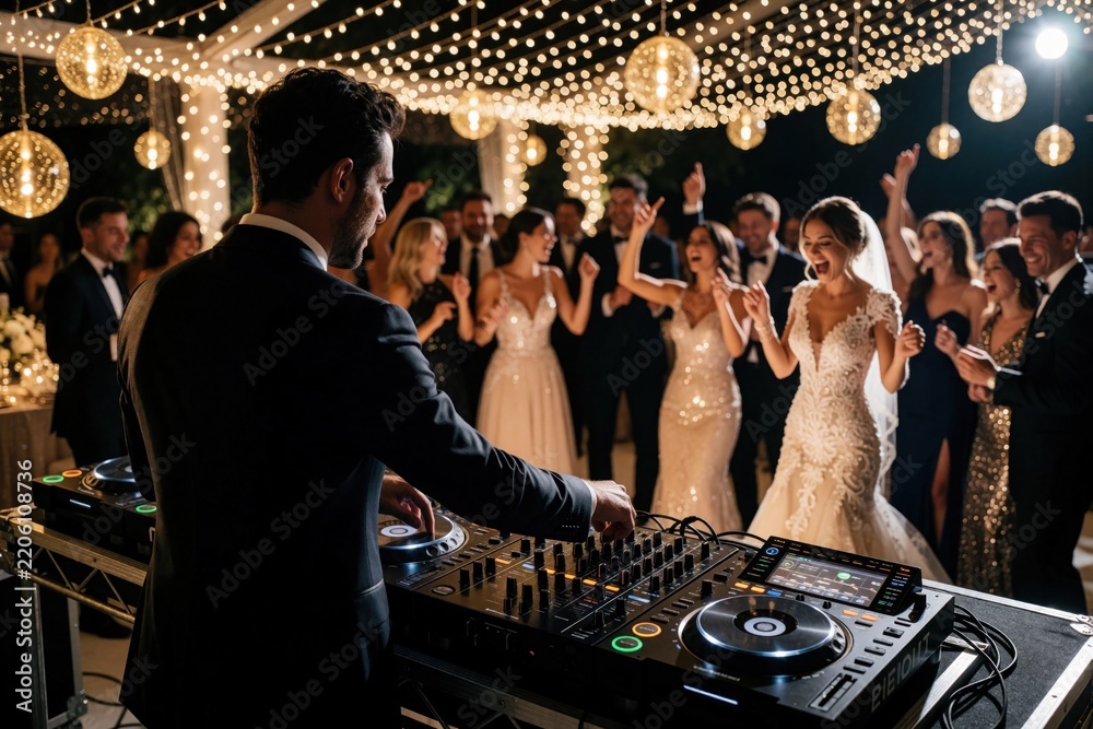 Fototapeta premium Male DJ plays music at wedding reception party. Happy guests dance under glowing fairy lights in luxury banquet hall. Bride, groom celebrate with friends at night event. People enjoy fun nightlife