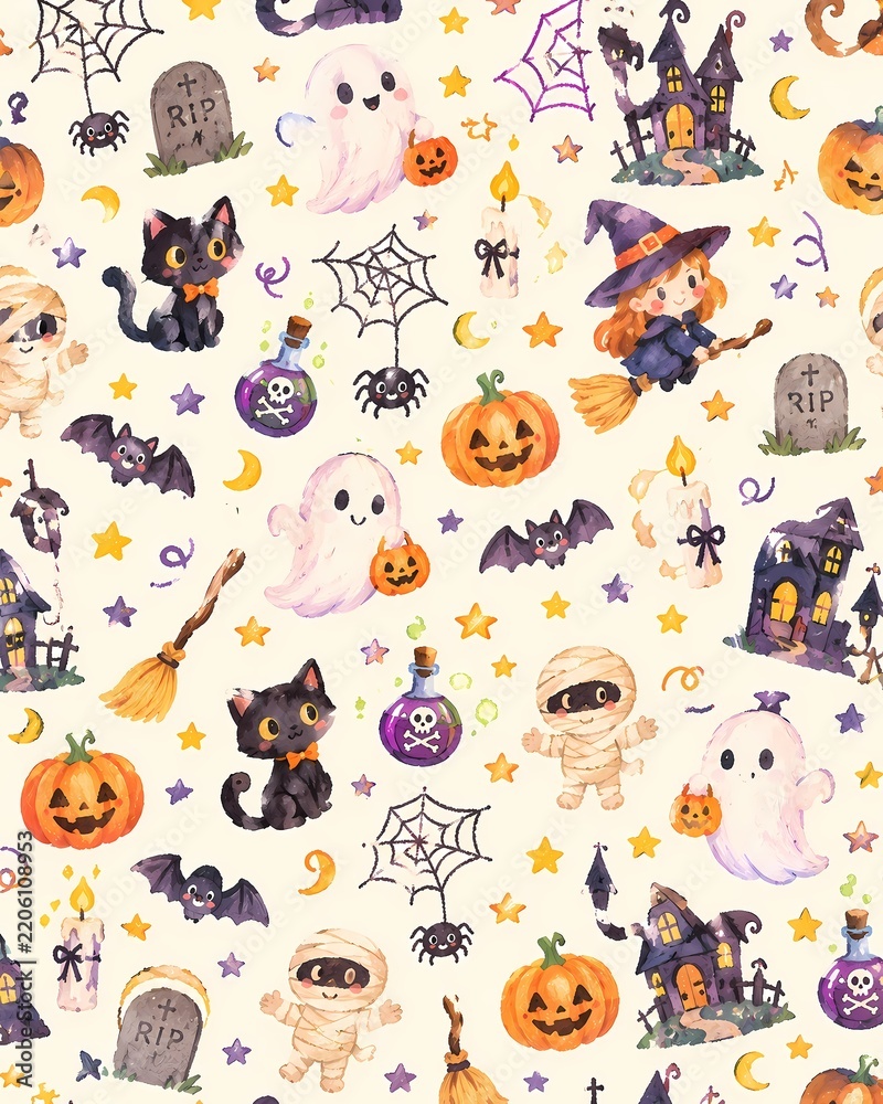 Obraz premium Cute Pastel Halloween Seamless Pattern with Hand Painted Spooky Characters. llustrated in a playful childlike watercolor style.