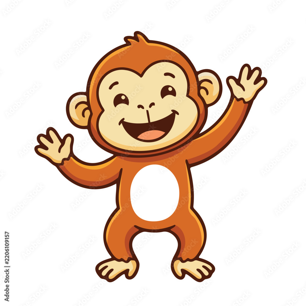 Obraz premium Cheerful orange cartoon monkey character with raised arms in a friendly greeting pose, cute smiling primate mascot isolated on white background for kids education and jungle animal designs.