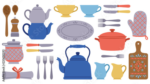 Kitchenware collection flat vector set with colorful tableware tools for culinary projects.
