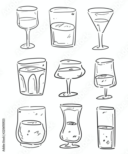 Glassware Set Featuring Diverse Drinkware Glasses Tumblers Goblets and Barware Doodle Clipart