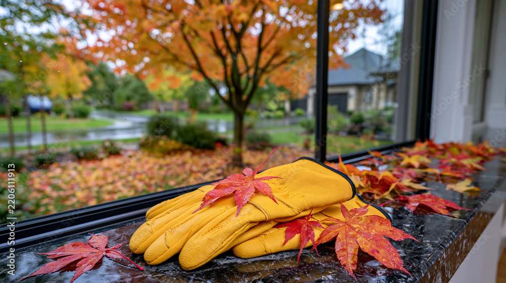 Obraz premium Pair of protective work gloves placed on a dark marble windowsill in a modern home, rainy autumn landscape beyond the window with colorful trees and wet fallen leaves, gardening preparation and seas