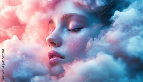 Ethereal face blending with pastel clouds, creating a dreamy and surreal atmosphere