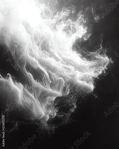 Ethereal white smoke swirling on a black background, soft and abstract lighting