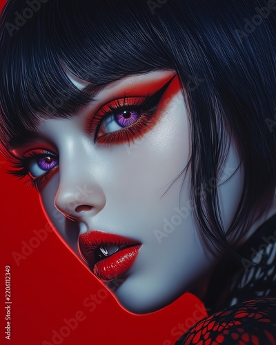 A striking portrait of a woman with vivid makeup.