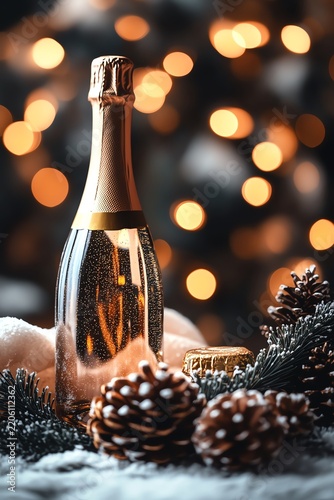 Festive champagne bottle and gift with pinecones, soft bokeh lights in background, warm holiday ambiance, cozy celebratory atmosphere