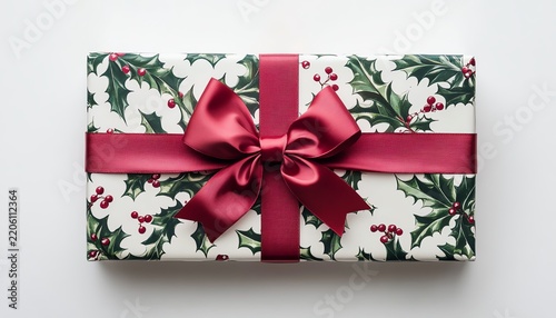 Festive gift box wrapped in hollypatterned paper with a large red bow isolate white background