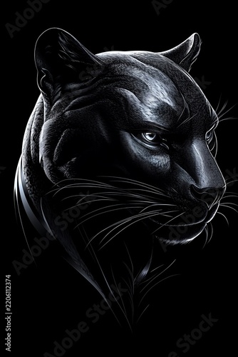 Fierce panther logo, black and silver tones, centered on a deep black background, intense glare