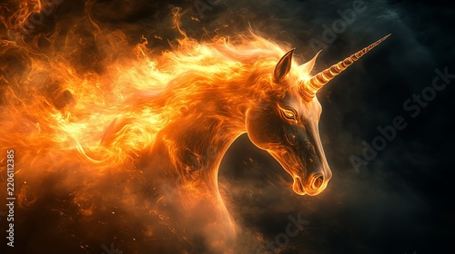 Fierymaned unicorn with a glowing horn against a dark, smoky backdrop intense and magical aura