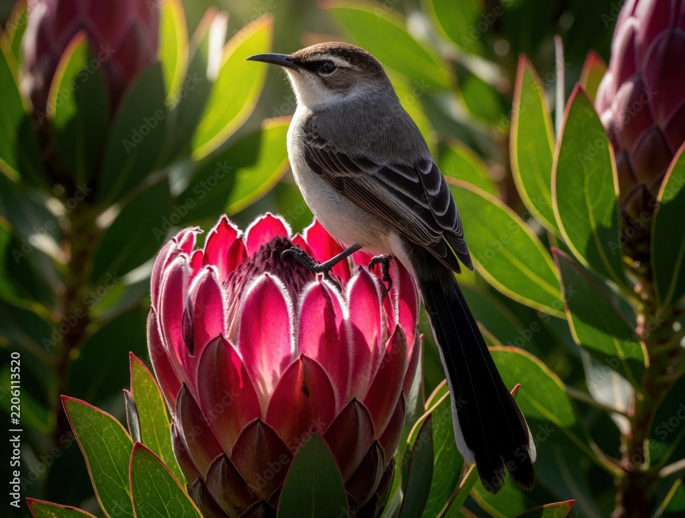 Fototapeta premium Cape Sugar bird sits on large pink protea flower. Small avian with long tail rests on blooming king protea plant in garden. Wild bird seeks nectar in tropical South Africa nature. Beautiful wildlife