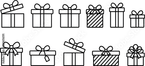 Set of Christmas gift box outline icons with ribbon bow open and closed packages isolated vector illustration