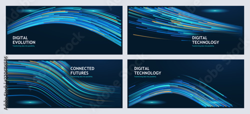 Futuristic blue technology banner set vector, digital wave background, abstract flowing lines for business presentation