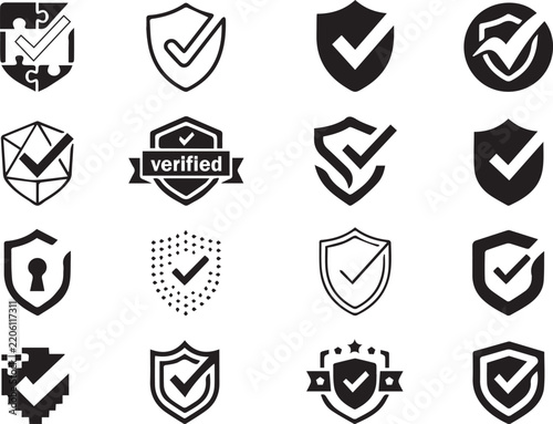 Shield Icons Set with Verification Checkmarks for Cyber Security Data Protection and Quality Assurance Concepts