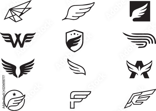 Wing Logo Design Elements and Heraldic Flight Emblems Collection Isolated on Dark Background for Branding