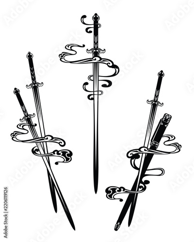ancient chinese jian long swords with scabbard and swirling cloud wisps curling around - traditional asian martial arts black and white vector design set