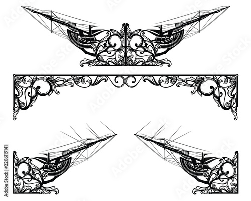 elegant antique style corner frame decorative elements with sailing tall ship bow - sea exploration and transport theme black and white vector design set