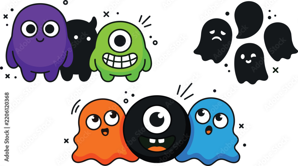 Obraz premium Cute Halloween Monster and Ghost Character Collection with Colorful Cartoon Creatures, Spooky Spirits, Funny Faces, and Playful Expressions