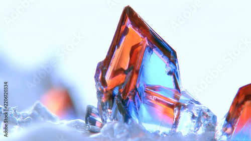 Polarized microscope macro view of sharp geometric sucrose crystal with colorful birefringence, prismatic edges, crystalline texture, and bright sterile scientific field