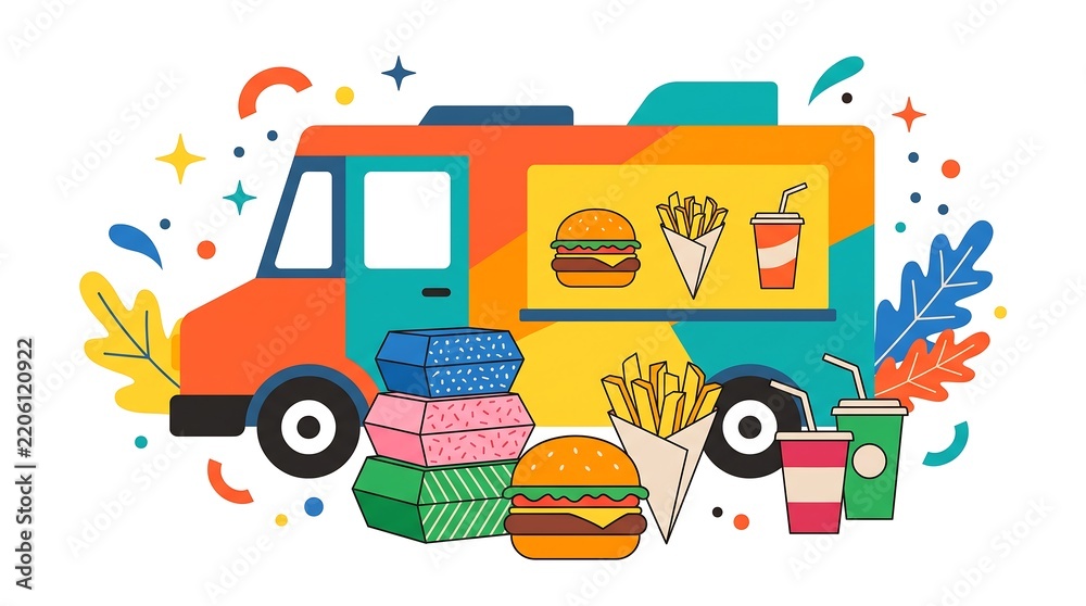 Fototapeta premium Colorful food truck illustration with fast food snacks and drinks