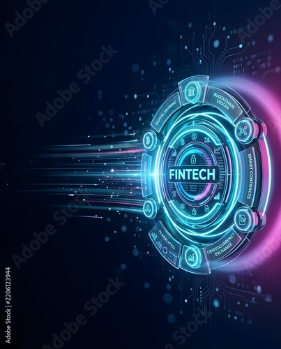 Futuristic 3D Fintech HUD Interface Wheel Emitting Light Trails for Digital Banking, Smart Contracts, and Blockchain Technology