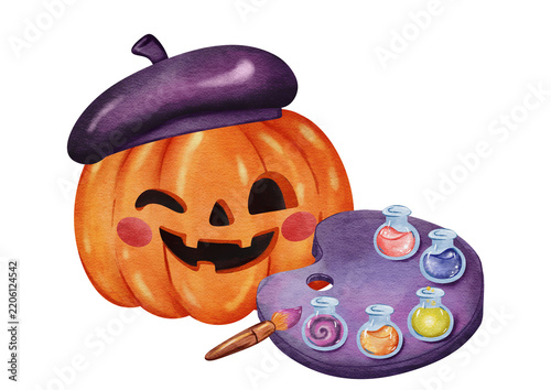 Cute halloween pumpkin artist in purple beret with paint palette and magic potion bottles watercolor illustration isolated on white background