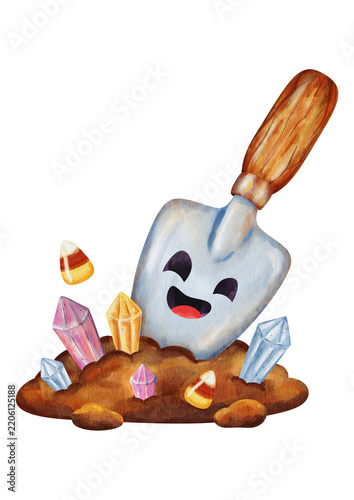 Cute garden trowel tool with magic crystals and soil watercolor halloween gardening illustration isolated on white background