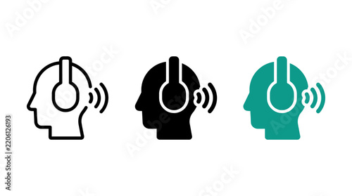 Head with headphones listening to music or podcast icon set