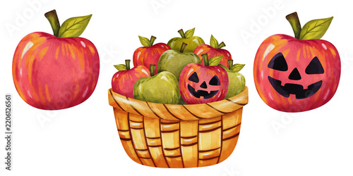 Watercolor Halloween harvest set with apple basket and jack o lantern pumpkins isolated on white background