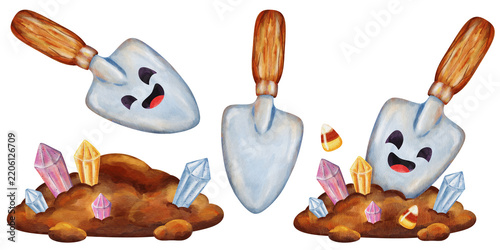 Cute garden trowel tools with magic crystals and soil watercolor halloween set isolated on white background