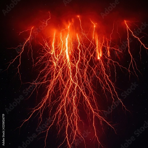 Red Lightning Bolts Striking Against Dark Night Sky Background