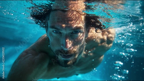 Underwater adventure featuring a muscular man with wavy hair swimming in a pool, showcasing splashes and reflections in stunning blue water.