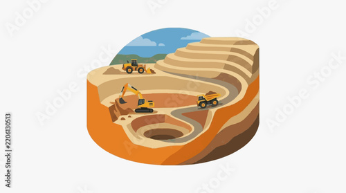 Professional of Open Pit Mining Operation with Heavy Machinery in a Cross Sectional Earth Excavation