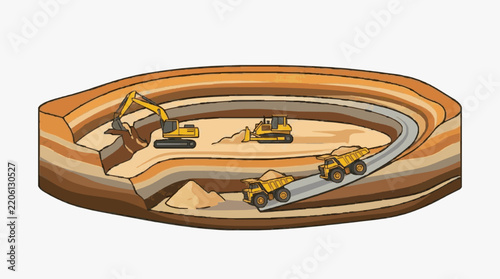 Professional of Open Pit Mining with Excavators Bulldozer and Dump Trucks in a Cross Sectional Earth Layer