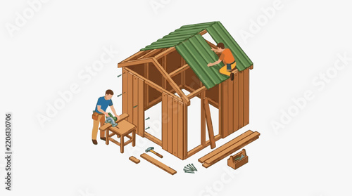 Professional of Two Craftsmen Building a Wooden Shed with Green Roofing and Tools with high quality professional line art symbols for modern creative design and digital branding projects