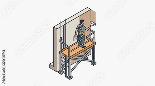 Professional Painter Working Safely on Elevated Scaffold Platform Applying Wall Coat with Roller