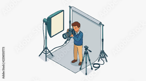 Professional Photographer Setting Up Studio Lighting with DSLR Camera Lightbox and Tripods in Isometric View