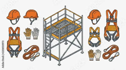 Professional Safety Gear Set Orange Hard Hats Harnesses Gloves and Lanyards with Metal Scaffold Platform
