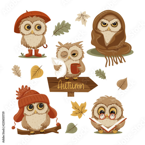 Autumn owl set: character in various poses and moods.
