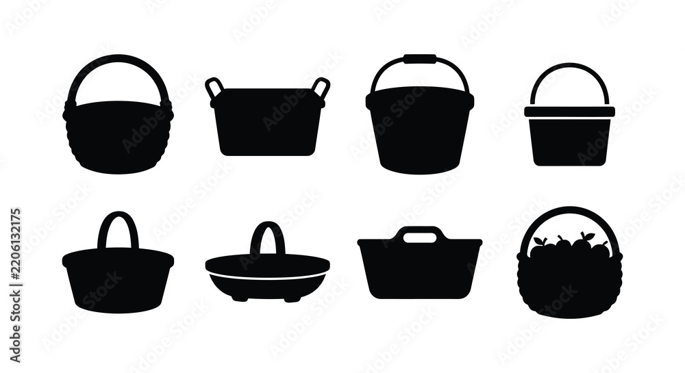 Obraz premium Silhouette of various basket and container shapes on white background