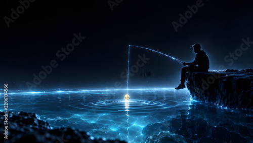 Silhouette of a person fishing at night from a rocky shoreline with glowing water