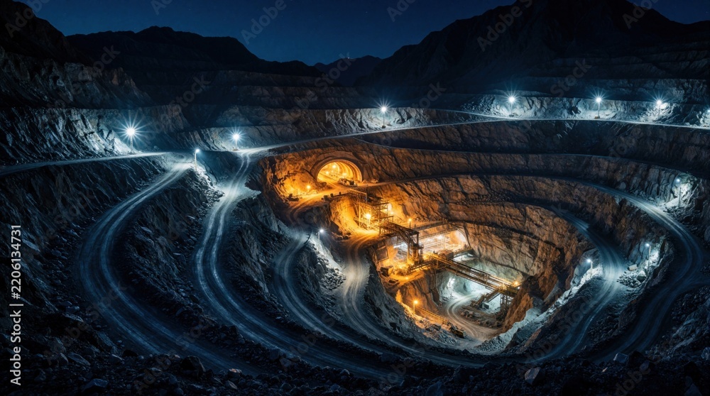 Fototapeta premium Aerial view of huge open pit mine at night. Industrial excavation site with winding roads, bright lights. Heavy machinery, structures work deep in mountain quarry for gemstone diamond extraction.