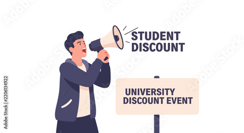 Black Friday Student Discount Promotion Vector Illustration, Flat Minimal Man with Megaphone Announcing Special University Sale Event on Campus.