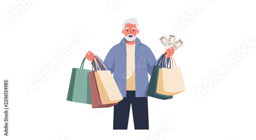 Happy senior man carrying multiple shopping bags and vouchers during Black Friday sale event, flat minimal vector illustration for retail promo.